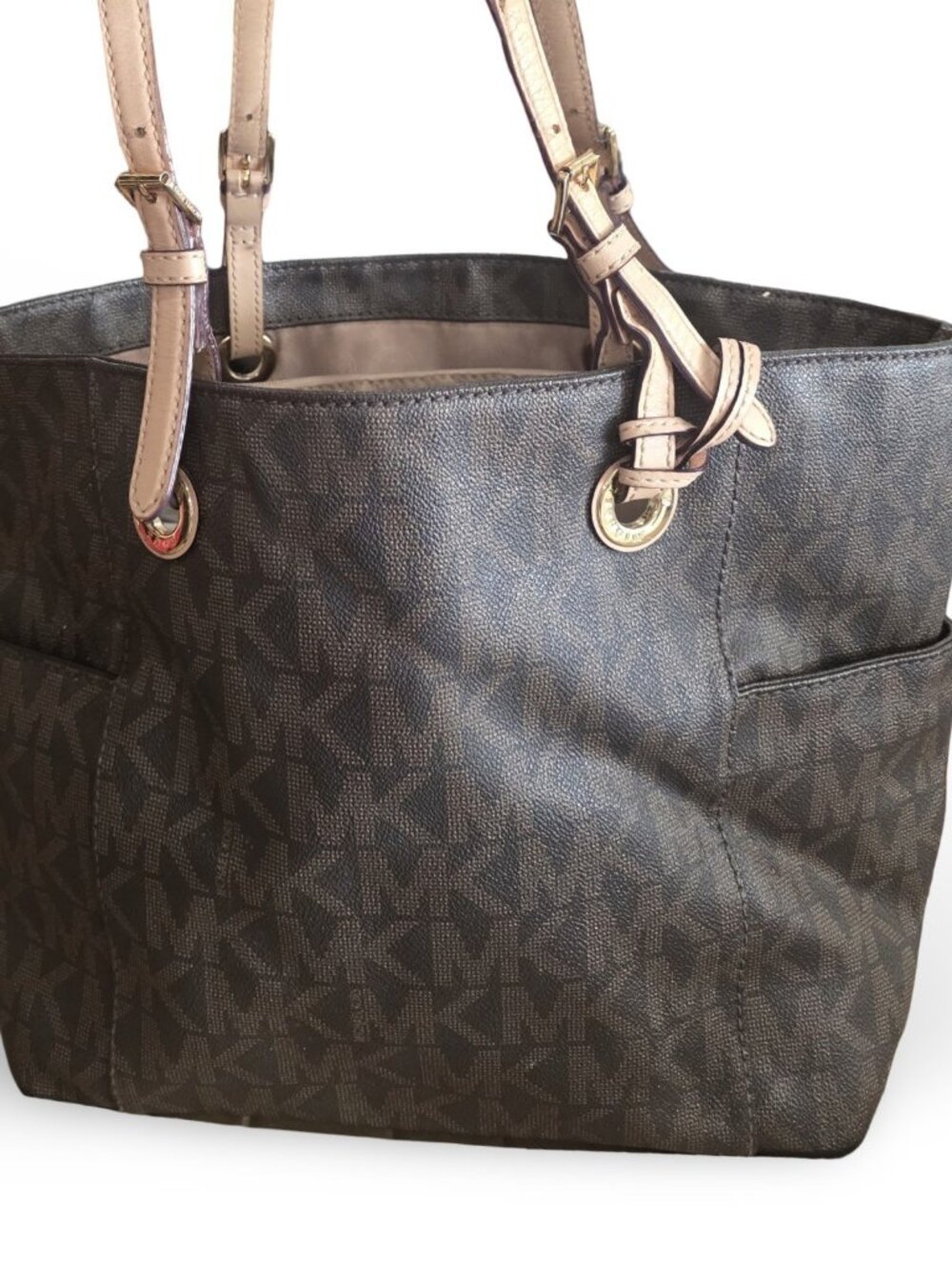 Michael Kors Signature MK Brown Monogram Large Tote Bag Tan Leather Gold Charm